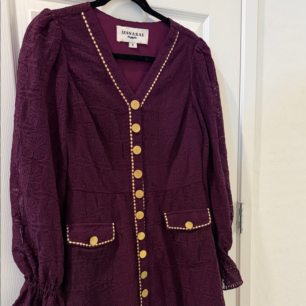 JessaKae Deep Plum Long Sleeve Lace Dress with Gold Buttons